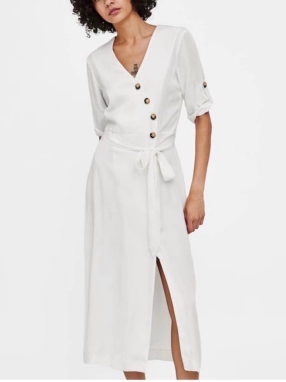 Zara White V-Neck Midi Dress with Button Detail